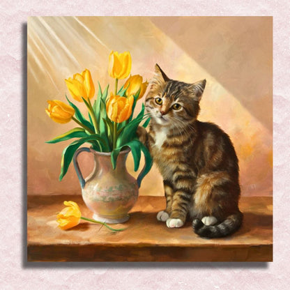 Cat and Yellow Tulips Canvas - Paint by numbers