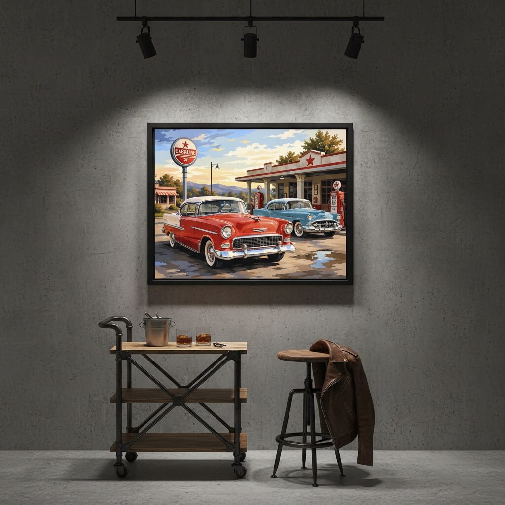Framed painting of a vintage gas station scene with classic cars on a gray wall.