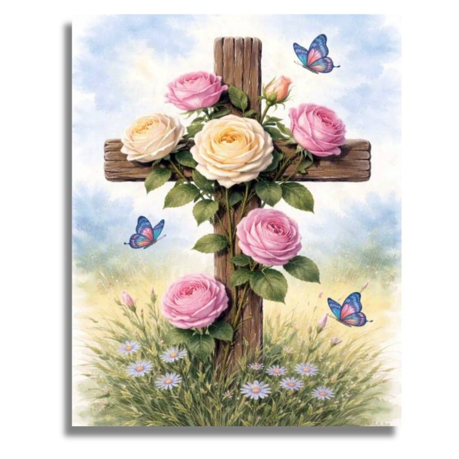Decorative card with a cross, roses, and butterflies on a pink textured background. Cross with Flowers Canvas - Paint by numbers
