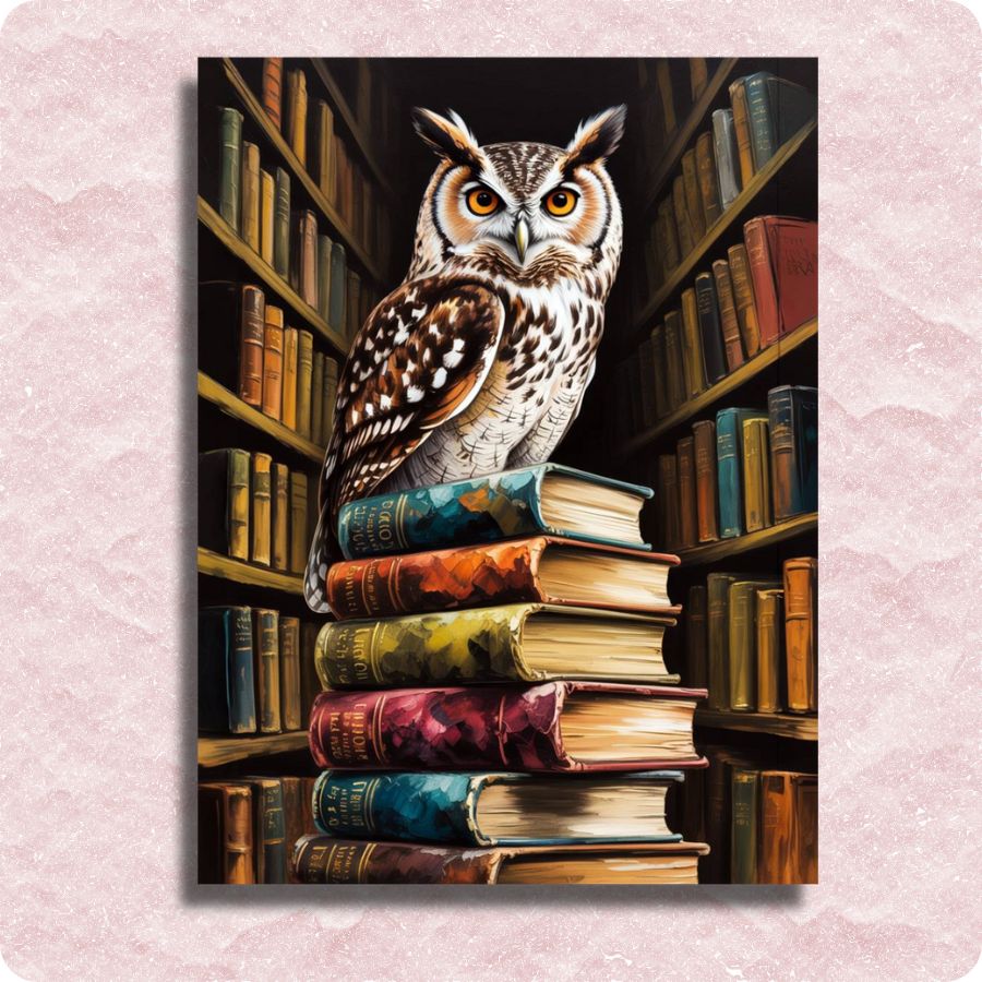 Feathered Wisdom Canvas - Paint by numbers - Owl perched on books in a library setting
