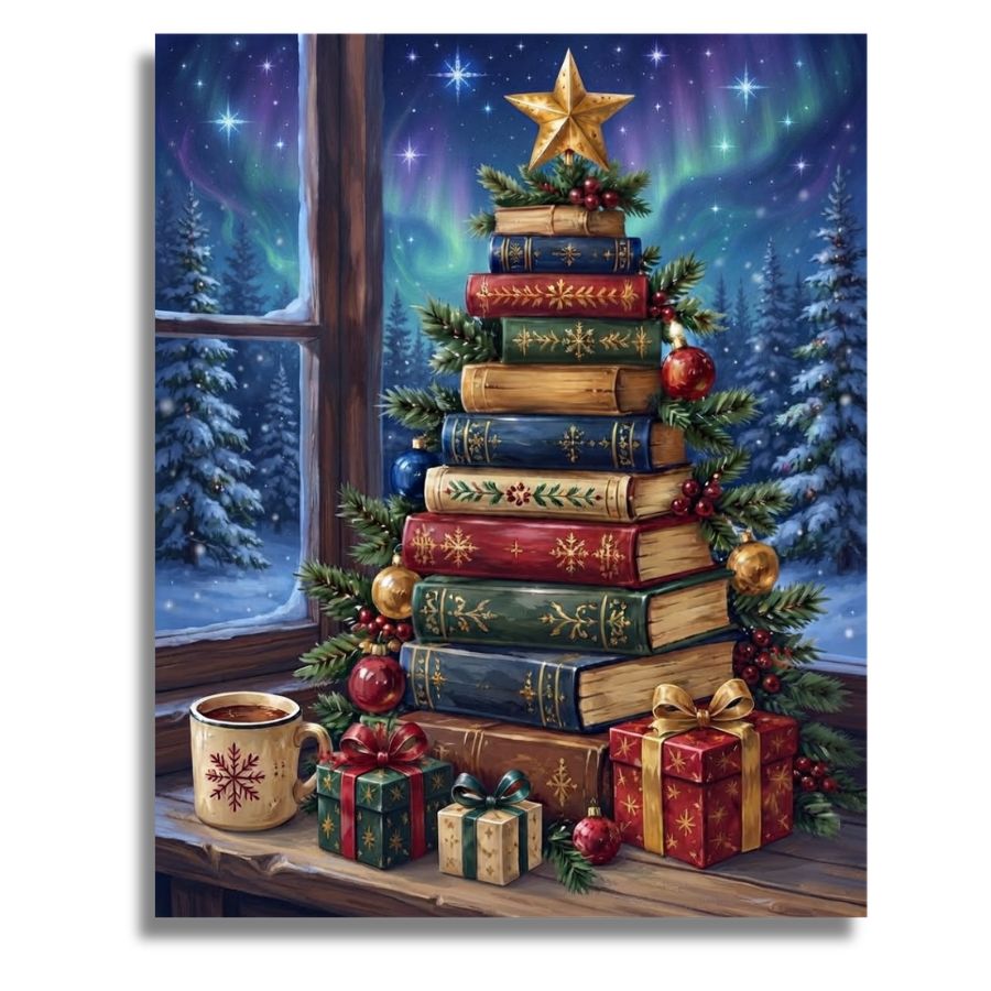 A festive Christmas scene printed on a square canvas or print, showing a stack of old books decorated with evergreen branches, red berries, gold ornaments, and a gold star, set on a windowsill with wrapped gifts, a mug, and snowy trees under a starry aurora sky. Festive Book Stack - Paint by numbers