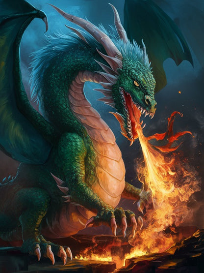 Green Dragon Breathing Fire - Paint by numbers