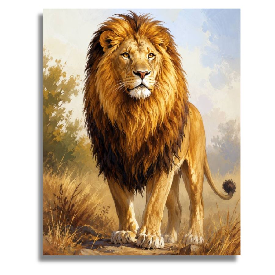 Painting of a majestic lion standing in a natural setting with trees and sky. Mighty lion - Paint by numbers
