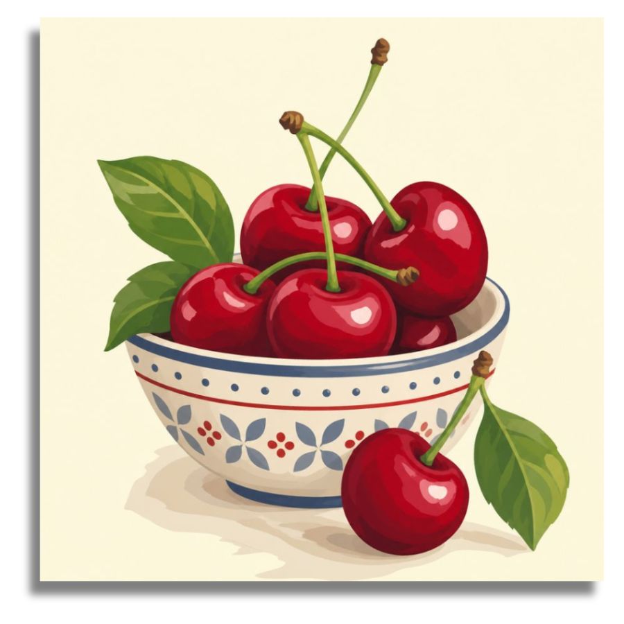 Illustration of a bowl with cherries on a beige background. Mini Cherries - Paint by numbers