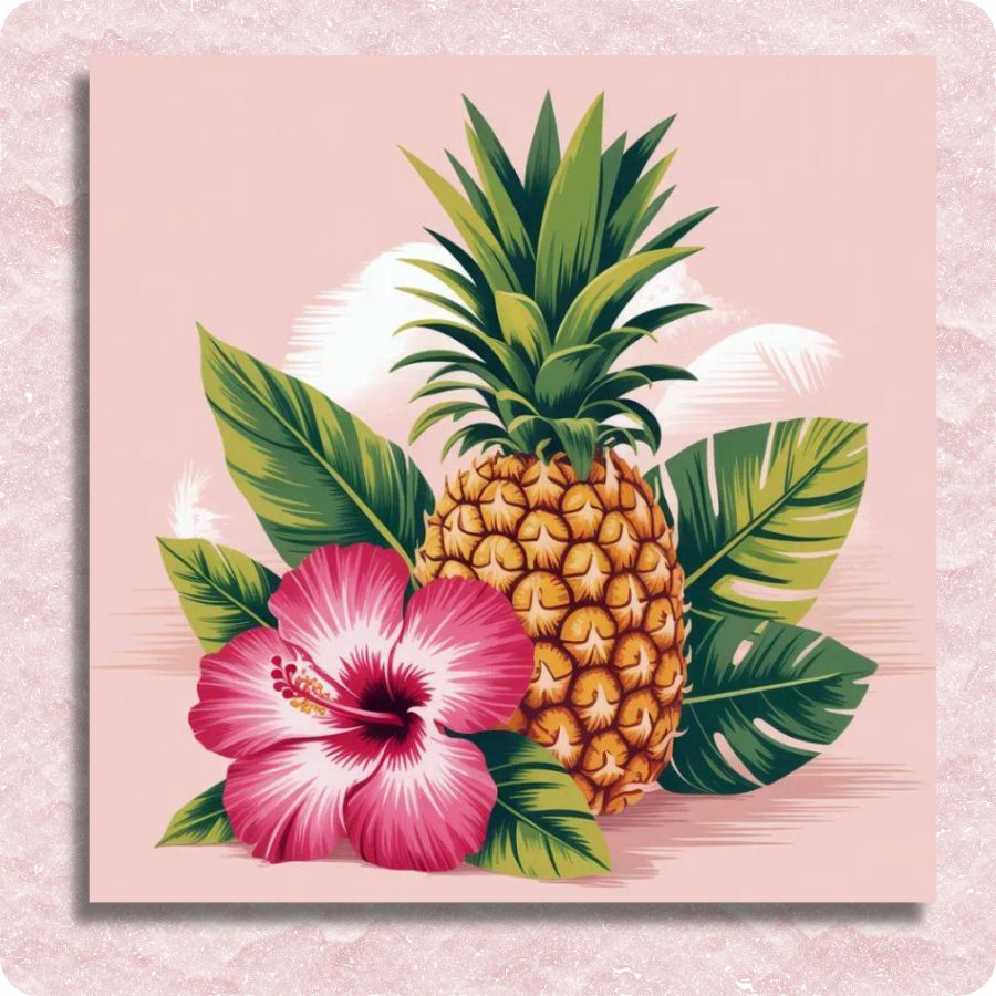 Tropical design with pineapple and pink flower on a light pink .Mini Pineapple Painting Canvas - Paint by numbersbackground