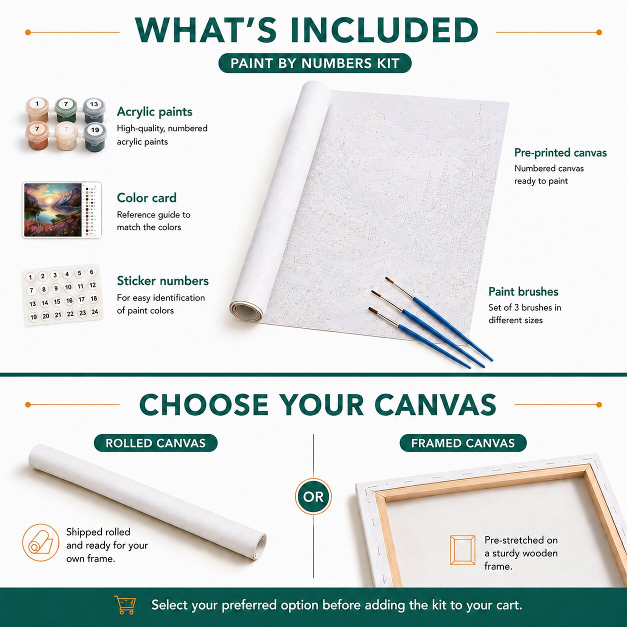 Paint by numbers kit contents with acrylic paints, three brushes, numbered canvas, and rolled or framed canvas options