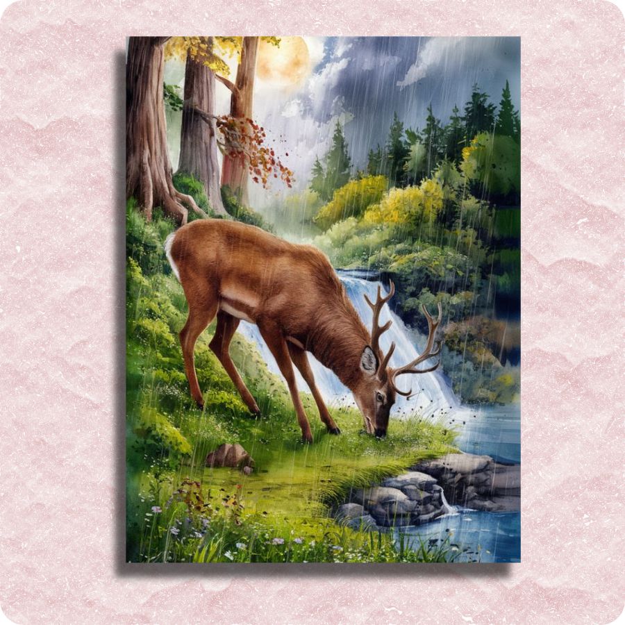 Paint by numbers of a deer in a forest with a stream and trees.