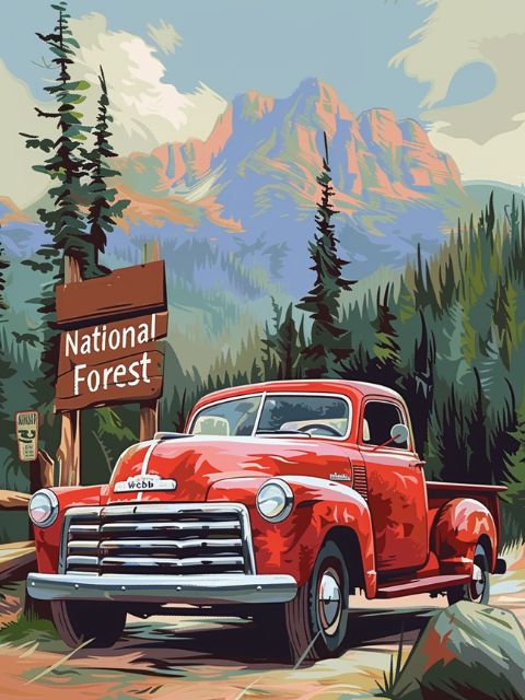 Red Truck in Forest - Paint by numbers