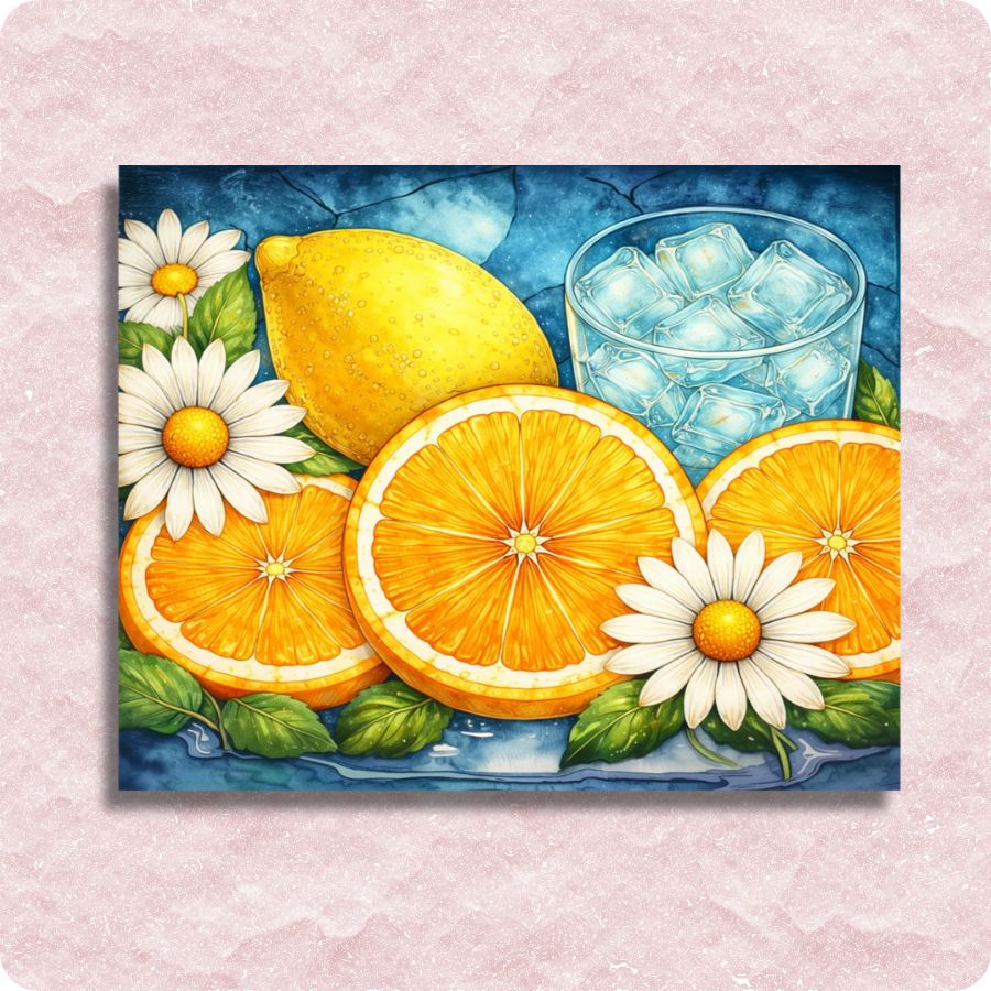 Colorful illustration of lemons, oranges, daisies, and a glass of iced water on a textured pink background. Refreshing Lemons