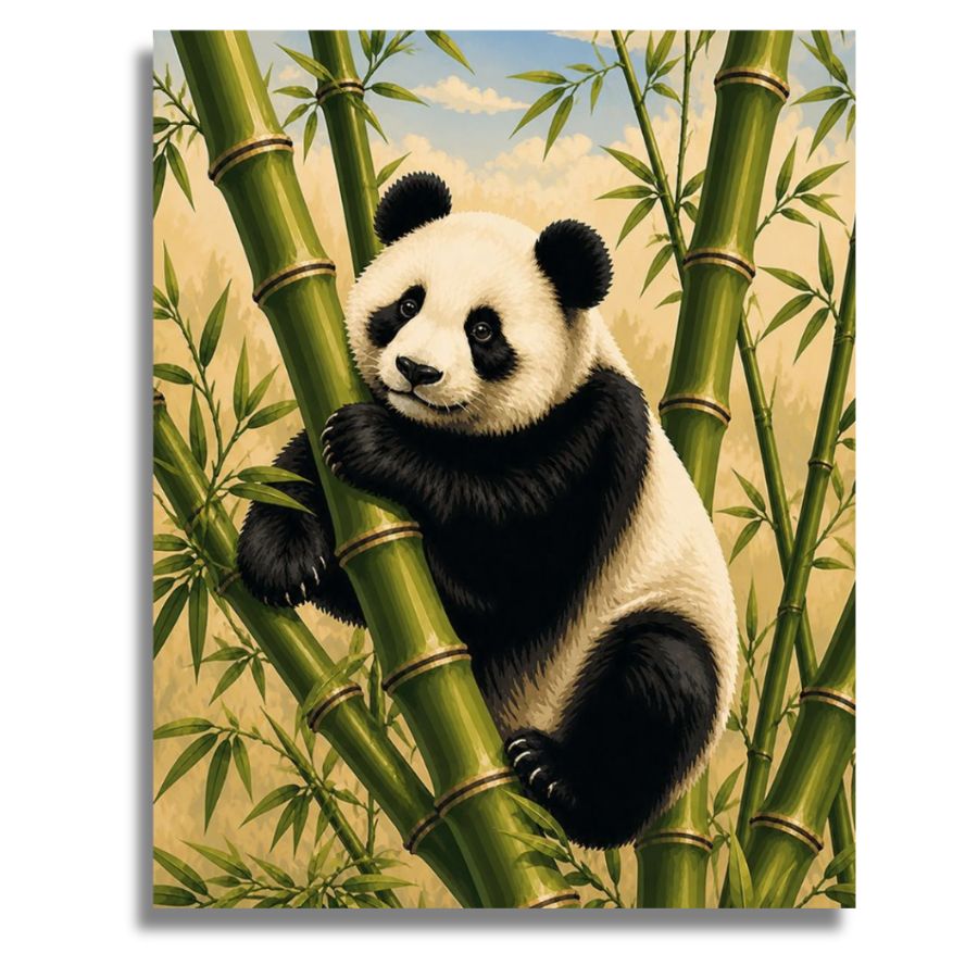 Panda bear climbing a bamboo plant with a natural background. Resting Panda - Paint by numbers