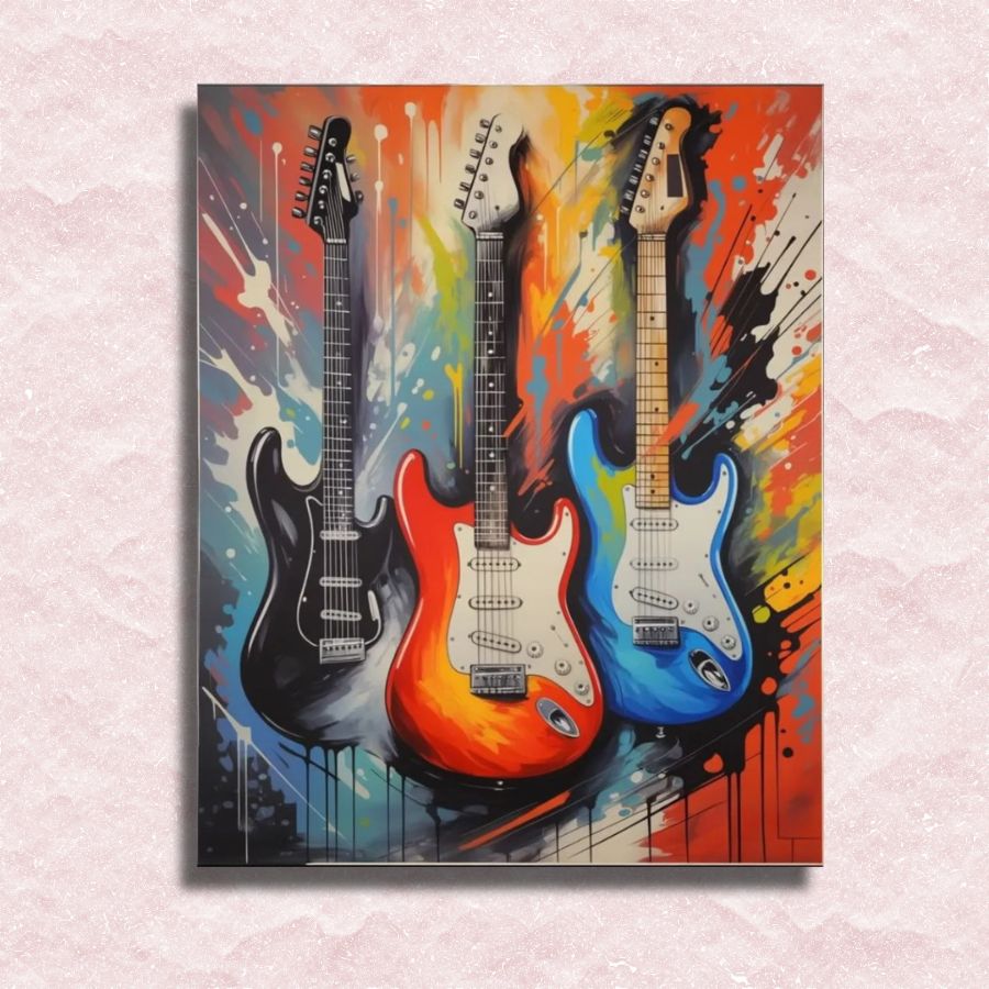 Colorful abstract painting of three electric guitars on a textured pink background. Rock Guitar - Paint by numbers
