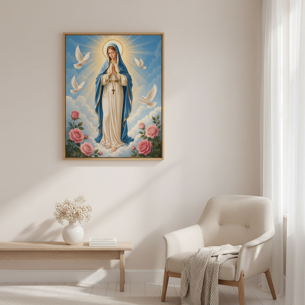 Framed religious artwork of a woman with doves and flowers on a wall in a room with a chair and table.