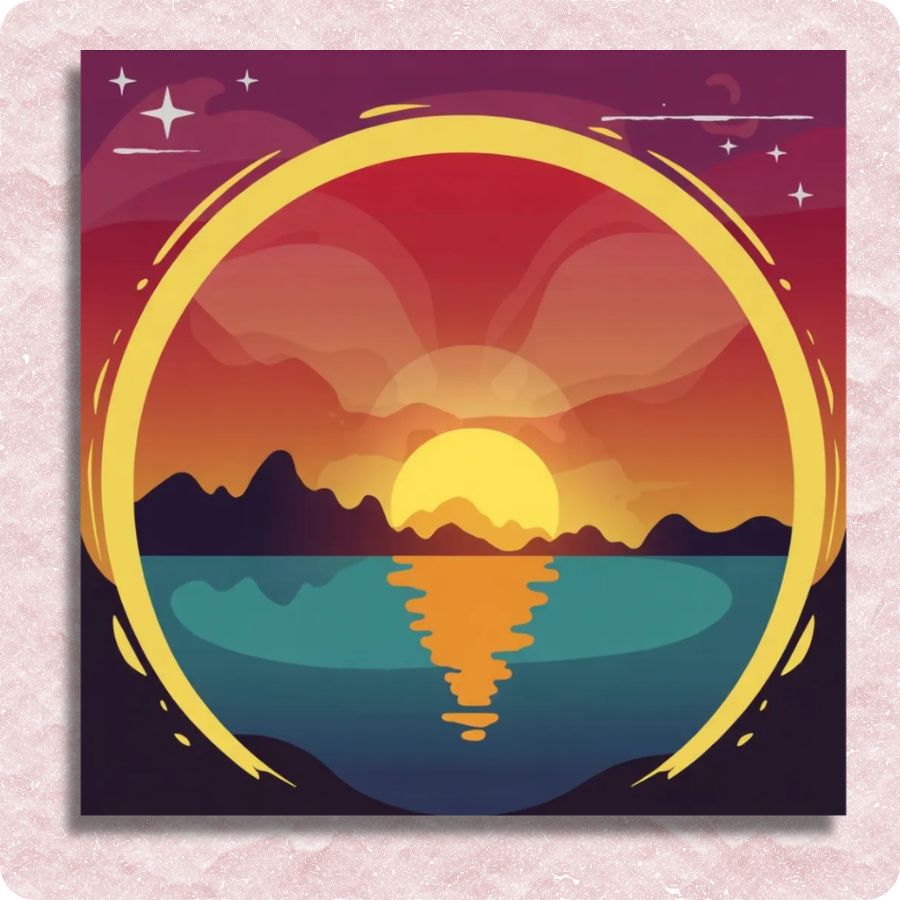 Surreal sunset over water with a large yellow ring, on a pink textured background. Sunset Horizon Canvas - Paint by numbers