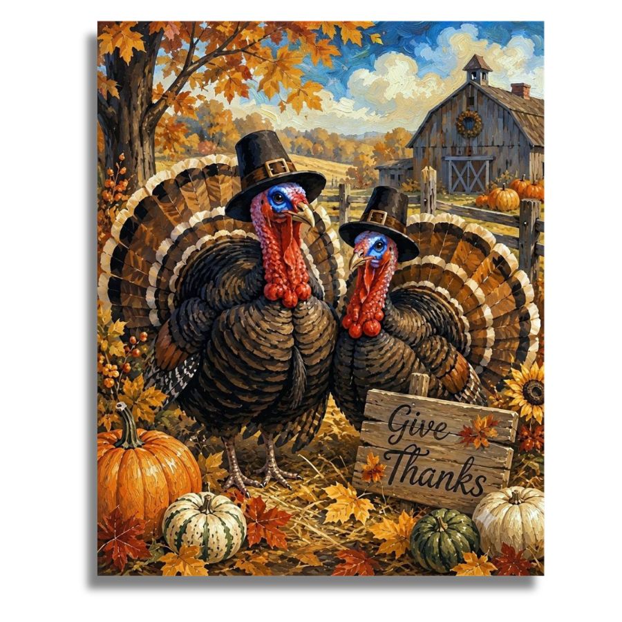 A square wall art print depicting two turkeys in black pilgrim hats standing in an autumn field with pumpkins, fall leaves, a barn, and a wooden sign that reads “Give Thanks.”. Thanksgiving Turkeys Canvas - Paint by numbers