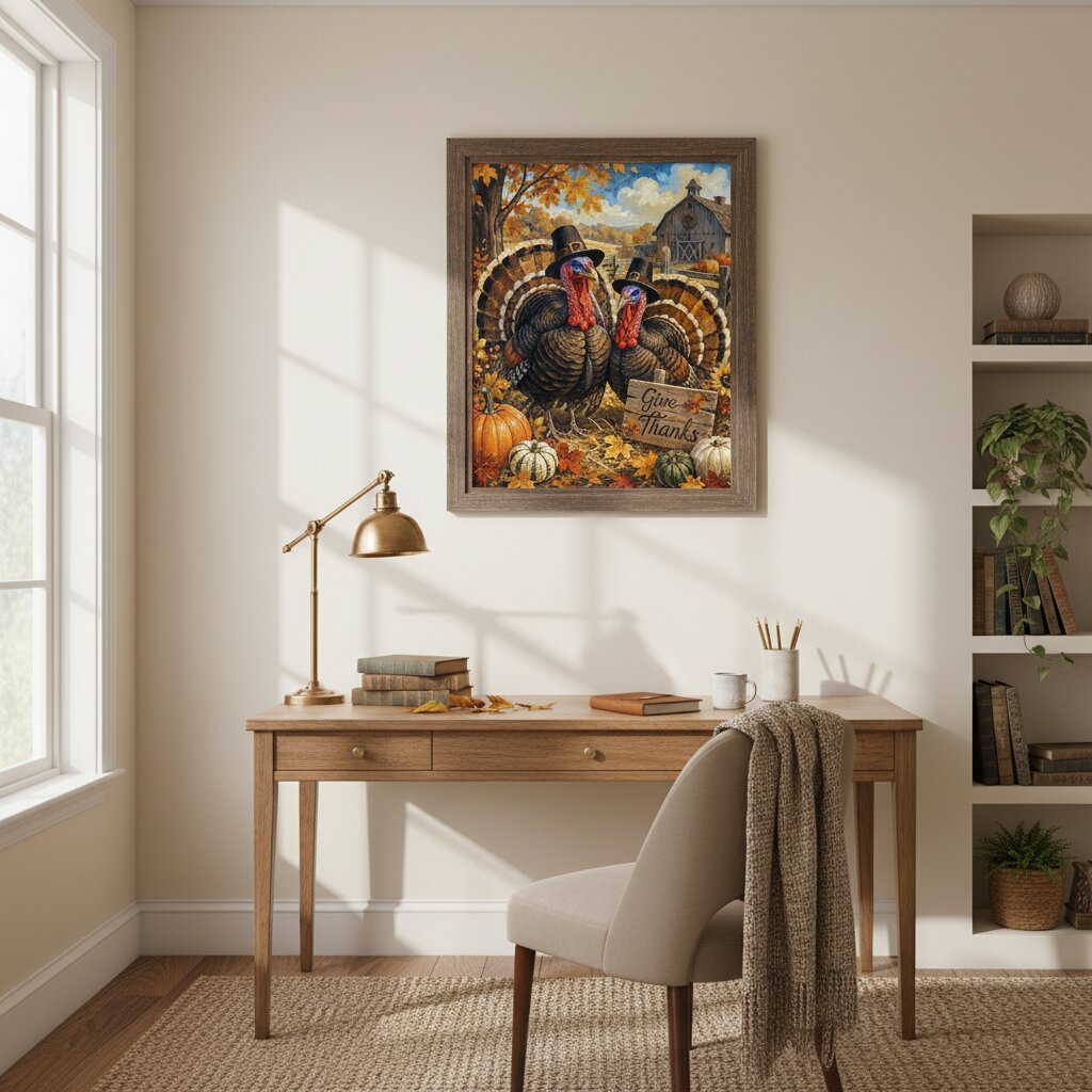 A framed Thanksgiving art print hangs on a beige wall above a wooden desk in a styled home office. The print features two children in pilgrim clothing sitting on a large turkey with pumpkins and autumn foliage. Thanksgiving turkeys lifestyle