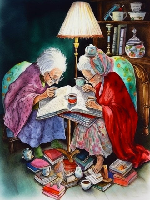 Two Old Ladies Drinking Coffee - Paint by numbers