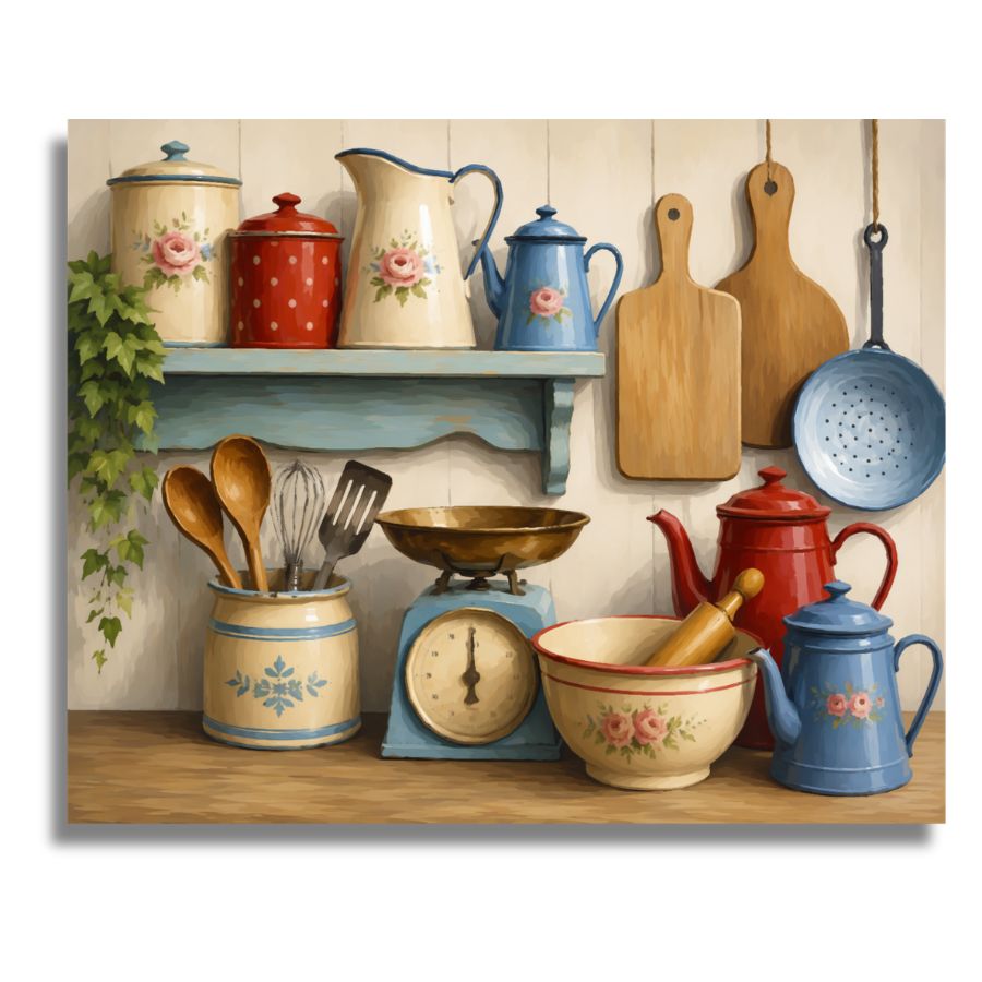 Vintage kitchenware including pots, pans, and utensils on a wooden shelf. Vintage Kitchenware Canvas - Paint by numbers