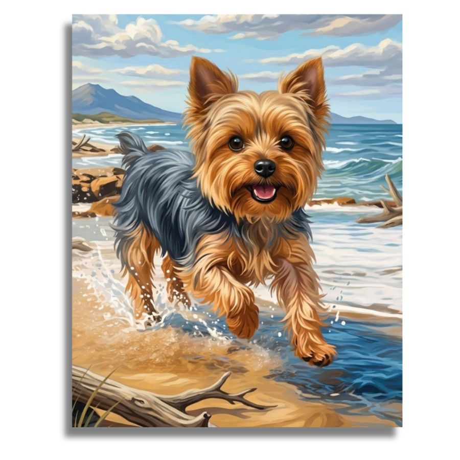 Yorkie running on a beach with ocean and mountains in the background. Yorkie - Paint by numbers