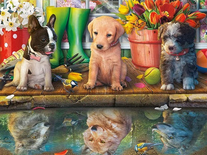 Cute Puppies Look into Puddle - Paint by numbers