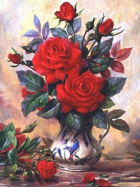 Red Roses in Chinese Vase - Paint by numbers