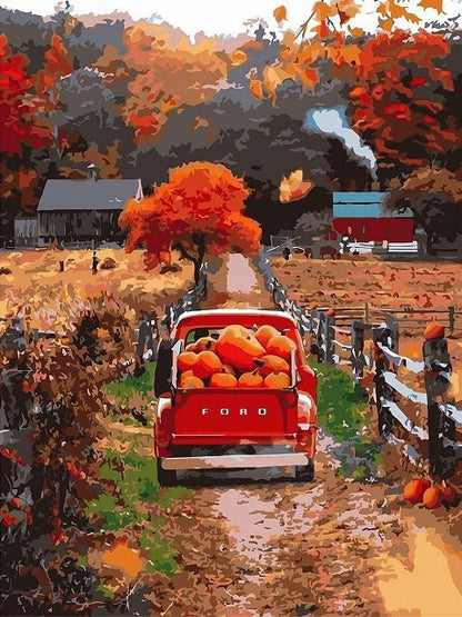 Red Truck Pumpkin Field - Paint by numbers