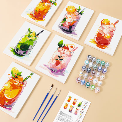 Set of watercolor paintings of drinks on a beige surface with paint bottles and brushes. Mini Lemonade Mix 6 Pack Paint by Numbers