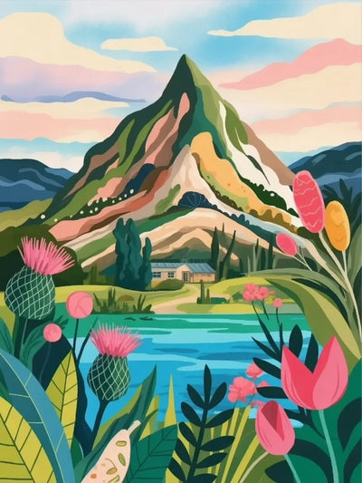 Colorful illustration of a mountain landscape with flowers and a lake -paint by numbers