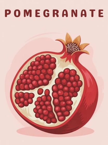 Illustration of a pomegranate cut open with seeds visible on a pink background, labeled 'POMEGRANATE' - paint by numbers