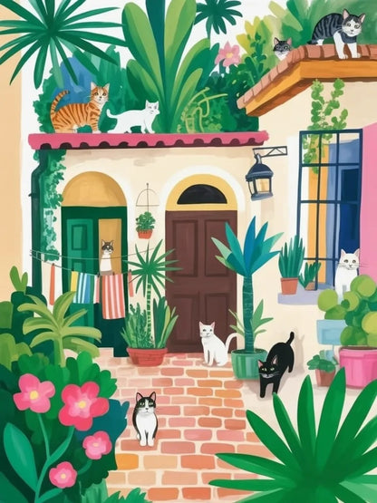 Illustration of a colorful house with cats and plants - paint by numbers