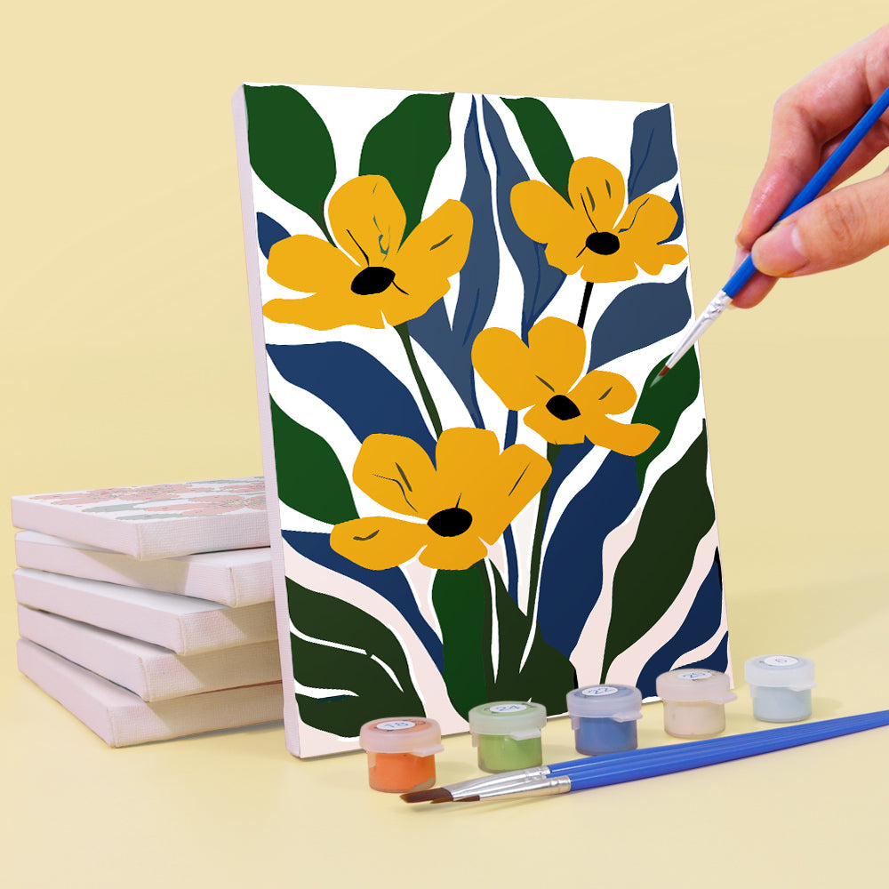 Floral art canvas with paint supplies on a yellow background. Mini Bloom Garden 6 pack Paint by numbers