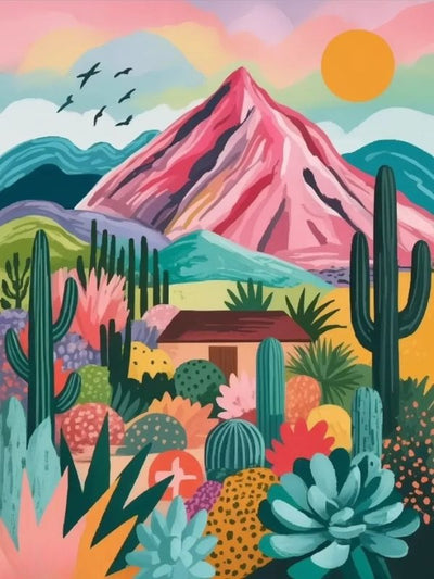 Colorful desert landscape with cacti, mountains, and a house - paint by numbers