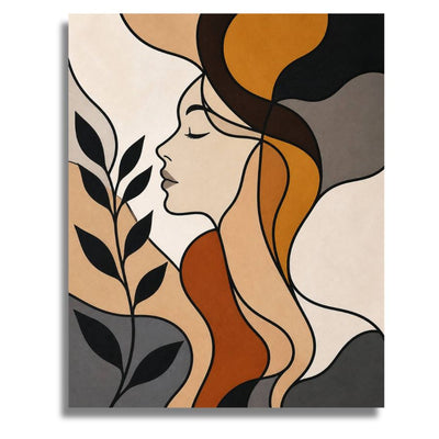 Abstract art print of a stylized woman's face with flowing hair and leaves on a beige background. Abstract Boho Dream - Paint by numbers