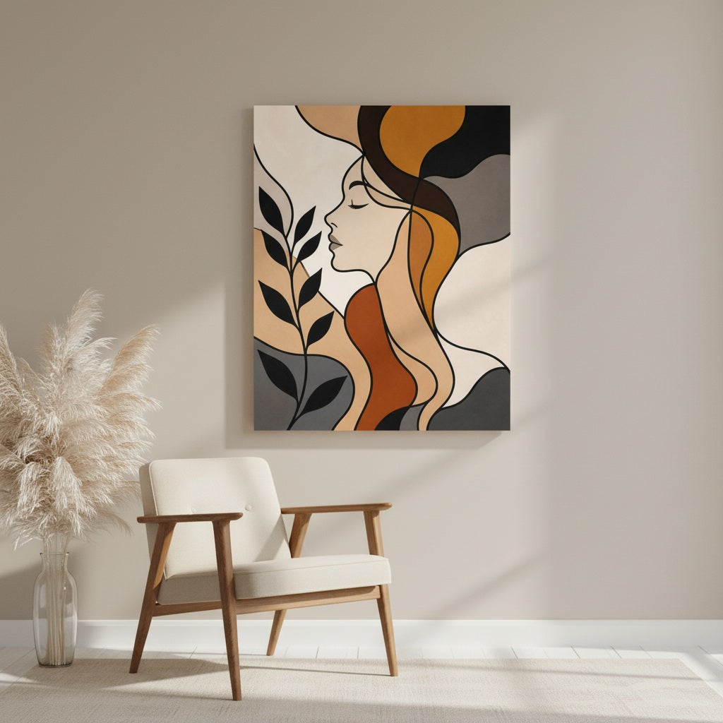 Abstract art of a woman's face with flowing hair in a modern interior setting.