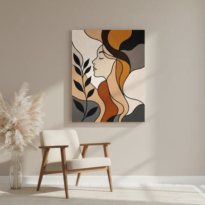 Abstract art of a woman's face with flowing hair in a modern interior setting.