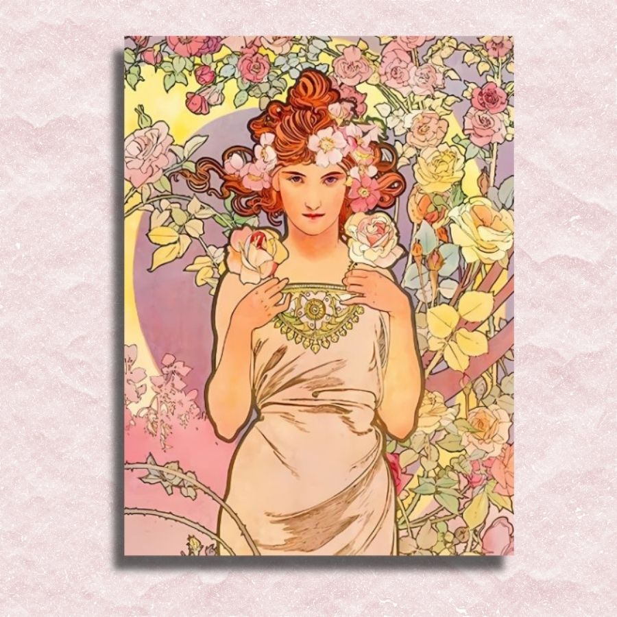 Alphonse Mucha – Dame auf rosa Leinwand – Malen-nach-Zahlen-Shop