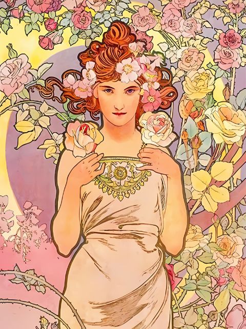 Alphonse Mucha - Dame in roze - Schilderij op nummer winkel