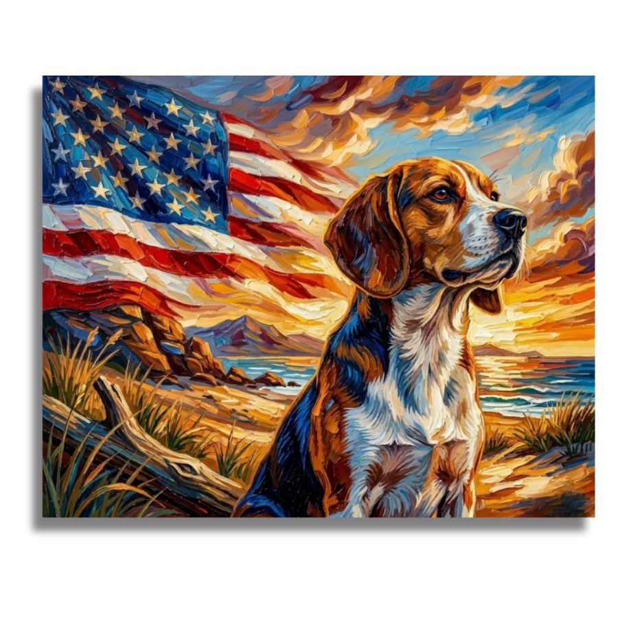 Painting of a dog with an American flag and scenic background. American Beagle Canvas - Paint by numbers