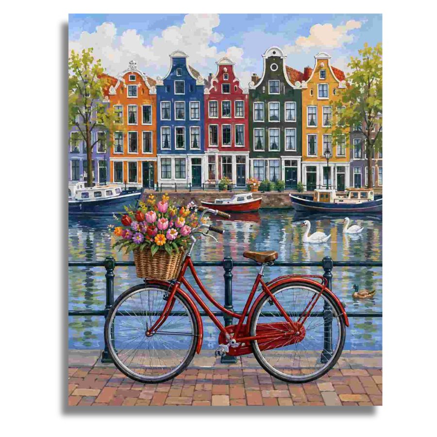 A colorful painting of a canal-side town with row houses in orange, blue, red, yellow, and green, boats on the water, swans, and a red bicycle in the foreground carrying a basket of flowers. Amsterdam Bicycle Serenade Canvas - Paint by numbers