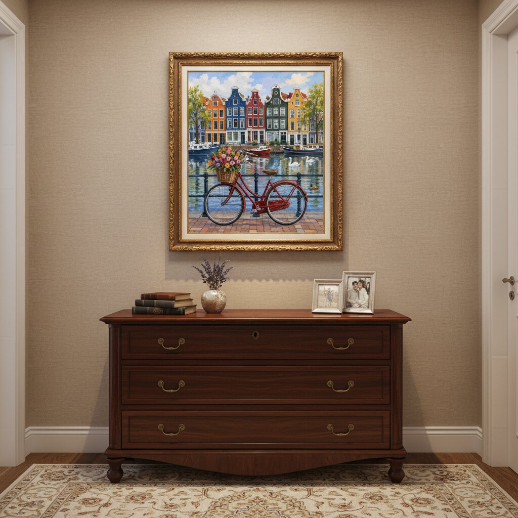 A framed painting of a red bicycle in Amsterdam canal water with colorful houseboats, displayed on a beige wall above a dark wood dresser in a decorated room. Amsterdam Bicycle Serenade Canvas - Paint by numbers lifestyle
