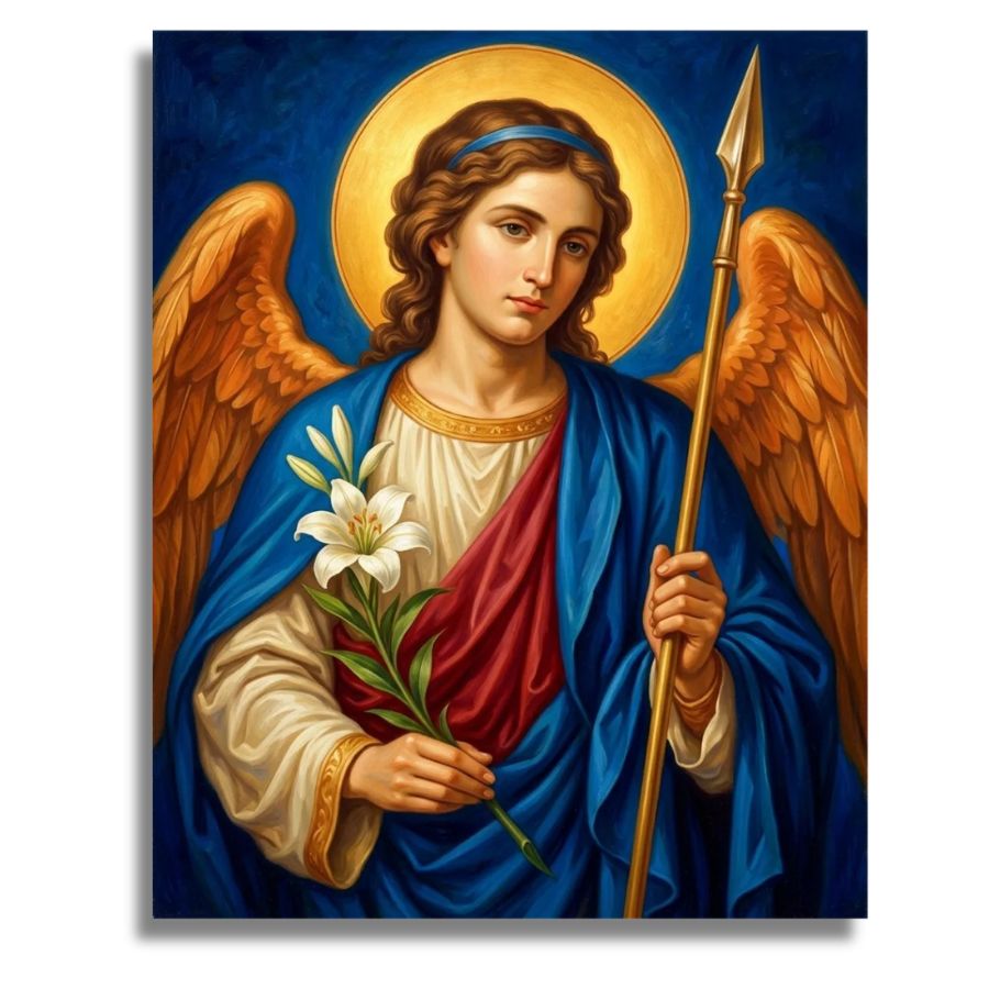 Painting of an angel holding a lily and a spear against a blue background. Archangel Gabriel - Paint by Numbers Kit