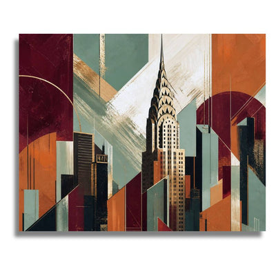 Abstract cityscape painting with geometric shapes and a prominent Chrysler Building silhouette. Art Deco Skyscraper - Paint by numbers