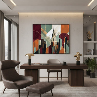 Modern office interior with a desk, chair, and abstract painting on the wall.