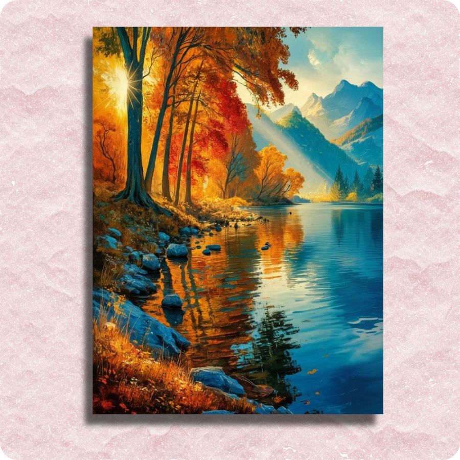 Painting of a serene autumn landscape with trees, lake, and mountains - Autumn Forest Colors - Paint by numbers