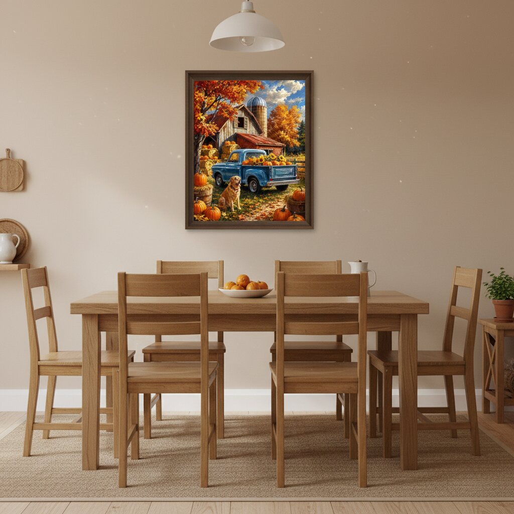 A framed autumn landscape painting hangs on a beige wall above a wooden dining table and chairs. The painting depicts a blue pickup truck parked in a fall yard with pumpkins, orange trees, and a barn. Autumn Harvest Truck - Paint by numbers lifestyle