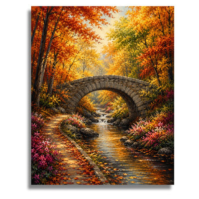 Painting of a stone bridge over a stream in a colorful autumn forest. Autumn Stone Bridge - Paint by numbers