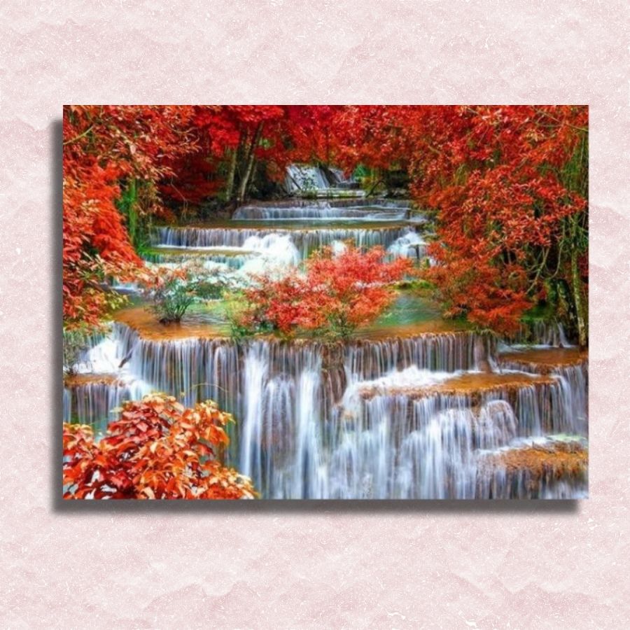 Herbstliche Wasserfälle auf Leinwand – Malen nach Zahlen