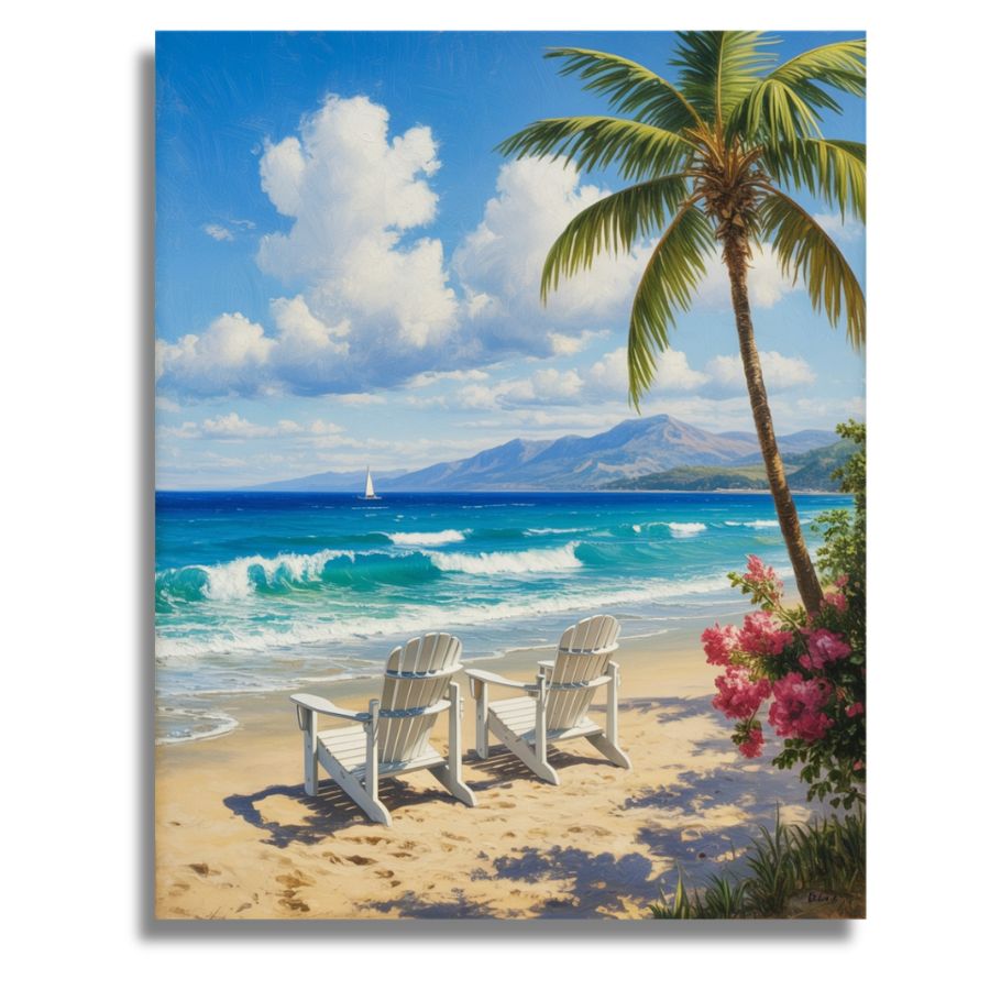 Beach scene with two chairs, palm tree, and ocean view. Beach and Palm Canvas - Paint by numbers