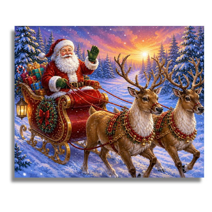 A festive holiday scene print showing Santa Claus in a red sleigh pulled by two reindeer through a snowy winter forest at sunset. The artwork includes snow-covered pine trees, a glowing lantern, wrapped gifts, and a warm orange-pink sky. Beautiful Christmas Canvas - Paint by numbers