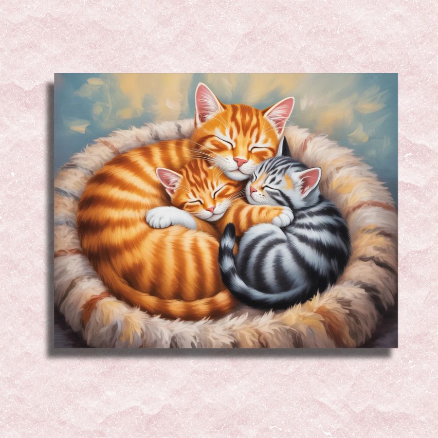 Two cats sleeping together in a cozy窝 on a soft pink background. Bedtime Story Cat - Paint by numbers