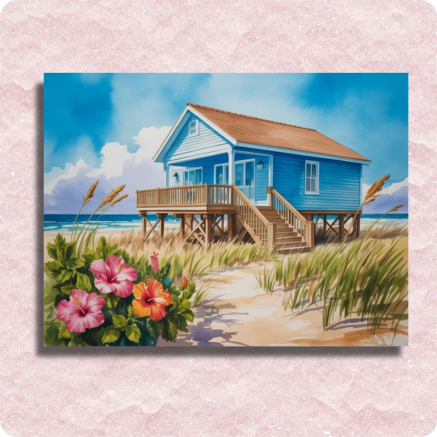 Beloved Seaside Porch - Paint by numbers - Painting of a blue beach house with flowers and sand on a textured pink background